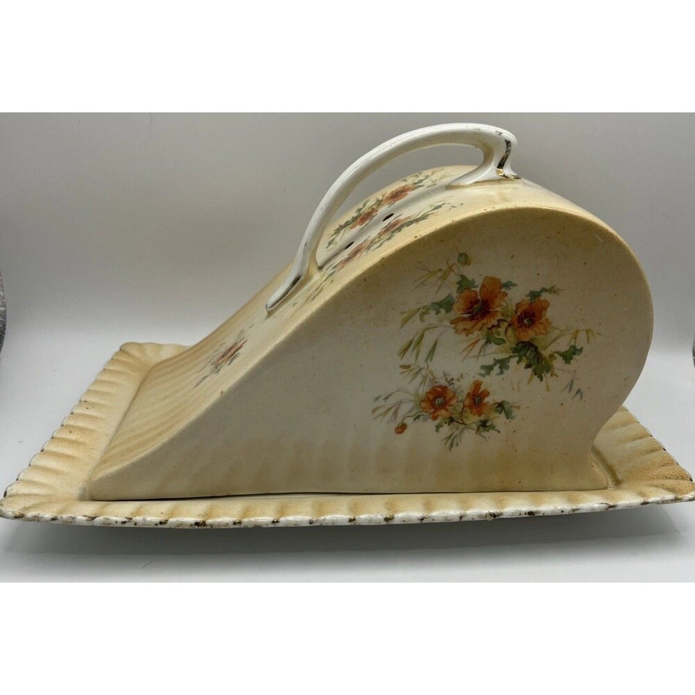 Vintage Hand Painted Cheese Keeper Plate W/Dome Lid floral pattern 10x7x7’